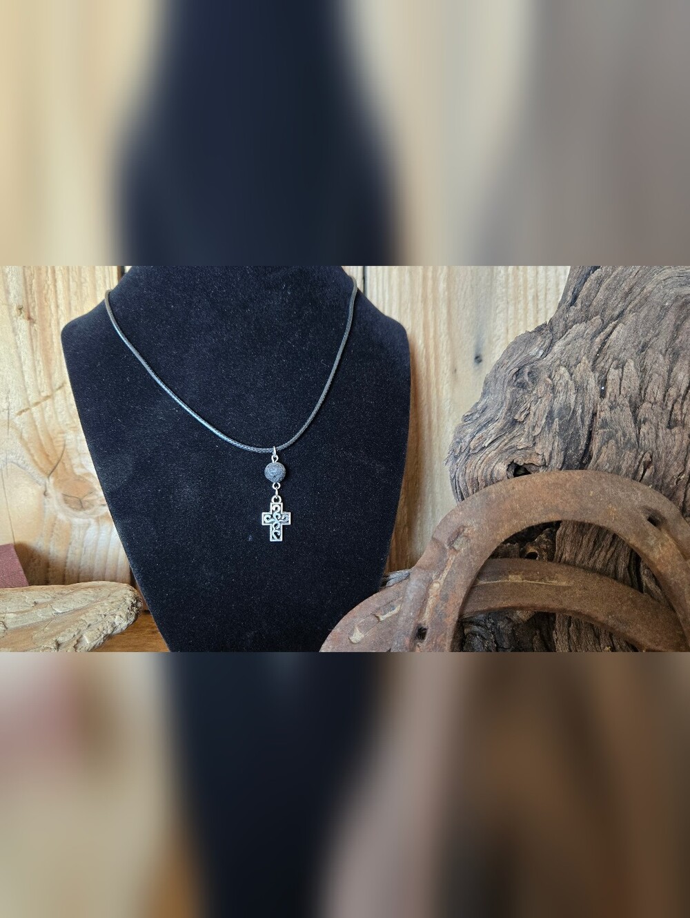 Filigree Cross Aromatherapy Necklace Lava Bead Christian Faith Jewelry 17"